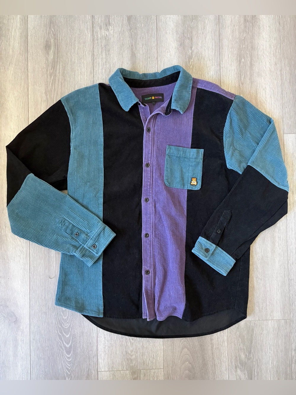 Rare Teddy Fresh Corduroy TriColor Colorblock Long Sleeve Button-Up Shirt Men L
